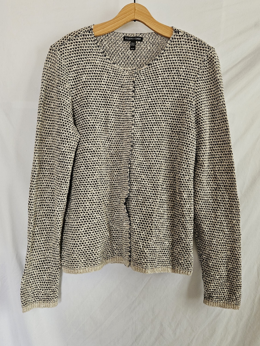 EILEEN FISHER Black & Cream Textured Knit Sweater Linen Blend Cardigan Womens M